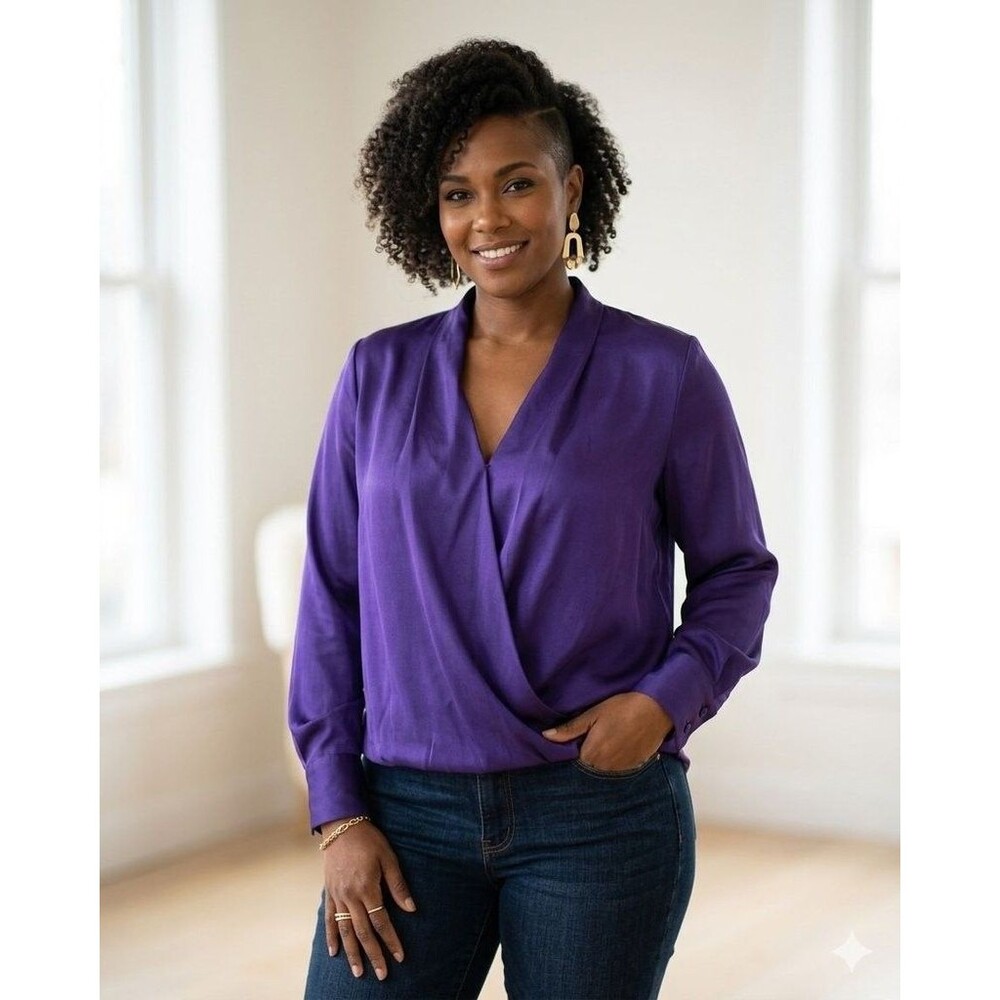 Apt. 9 Royal Purple Satin Faux-Wrap Long Sleeve Blouse - Size M
